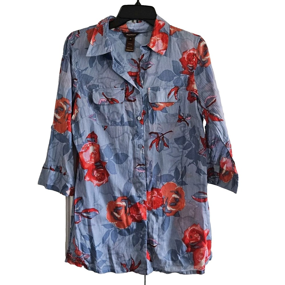 Multiples Womens Button Front Shirt Floral M Blue 3/4 Sleeve Lightweight Tunic