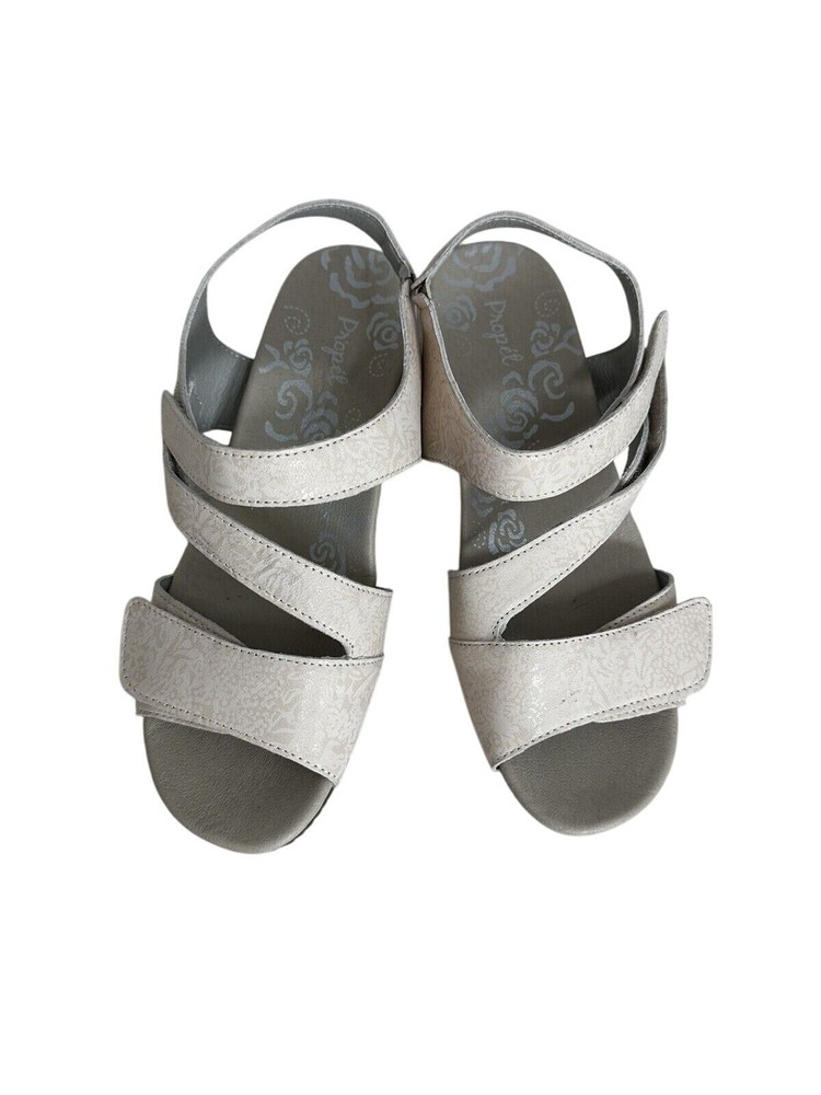 Propét Womens 7.5 M Beige Cork Wedge Sandals With Adjustable Straps & Leather Up