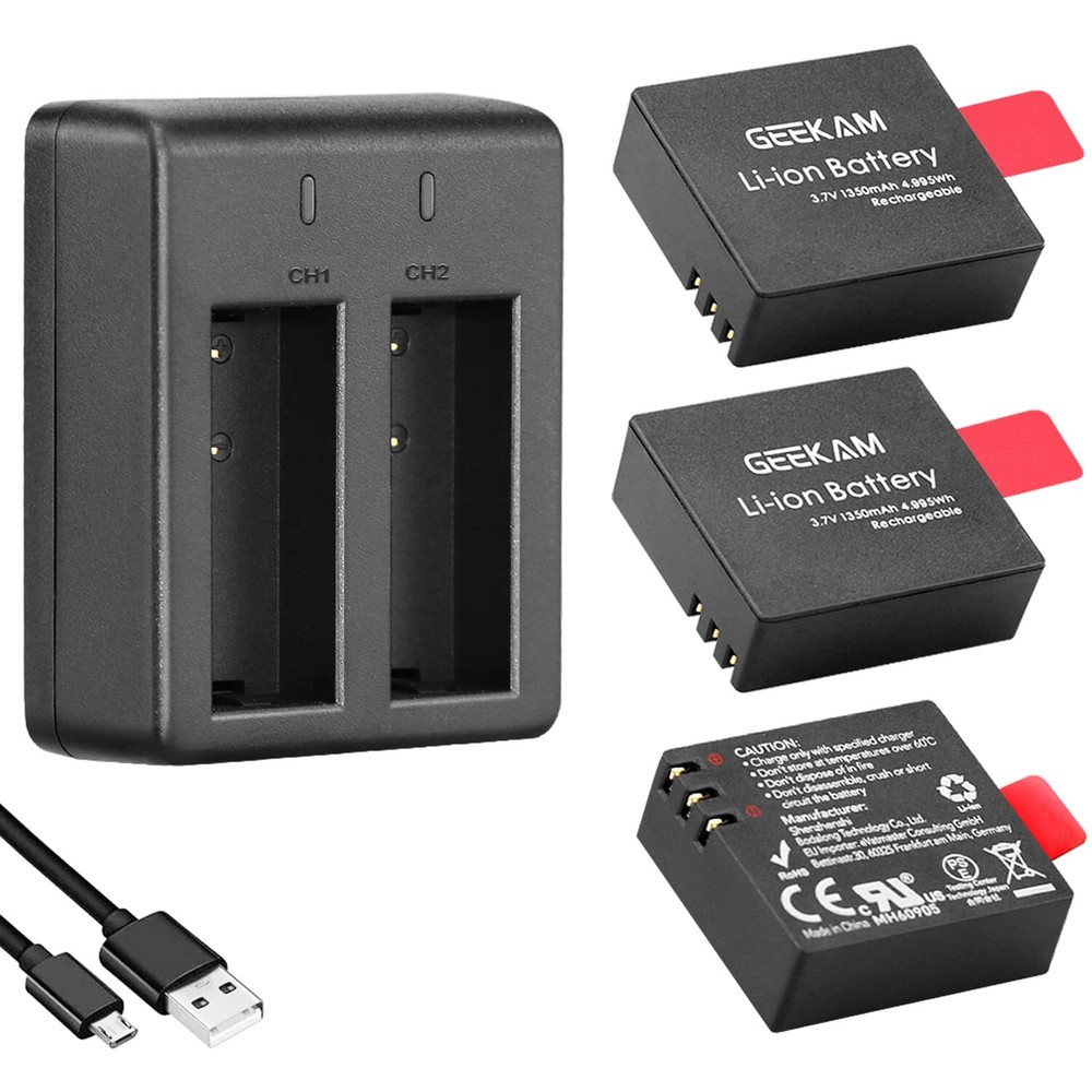 Action Camera Battery Pack, 1350mAh Rechargeable Battery(3-Pack) with USB Dua...