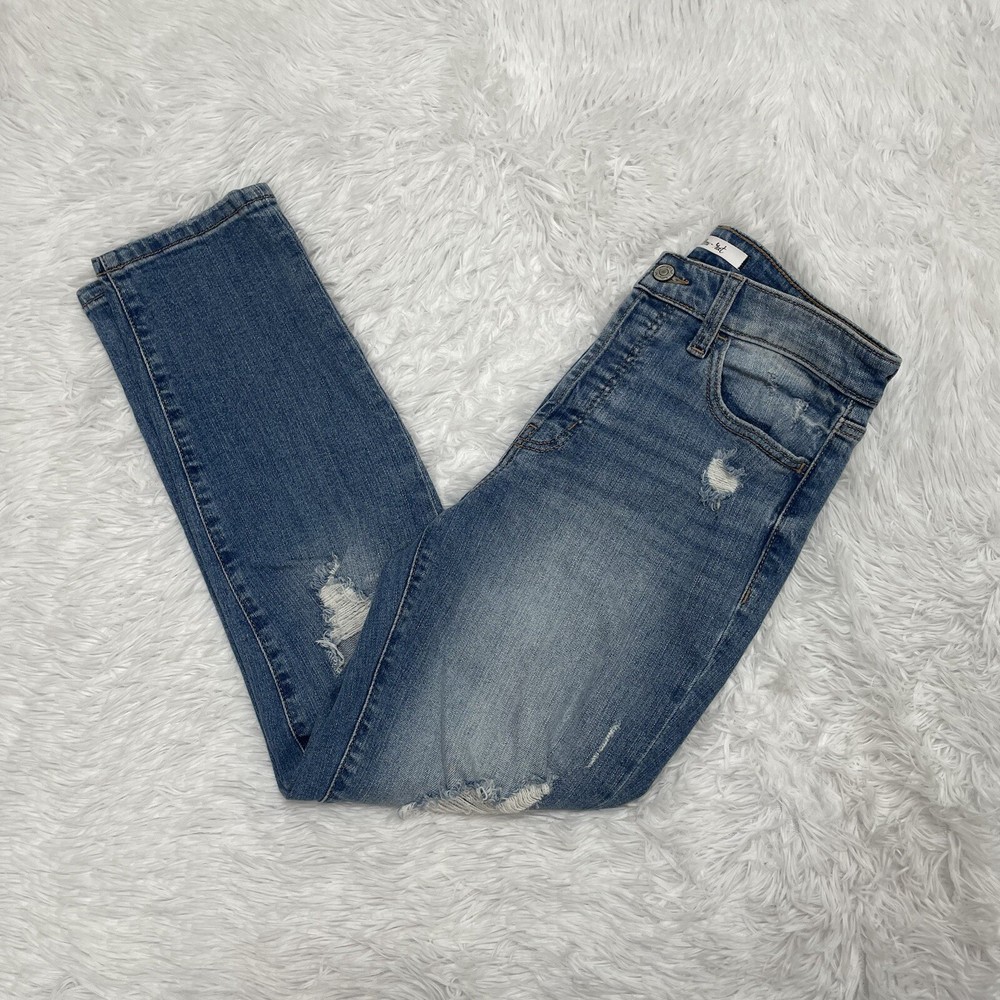 Willow & Root The Mom Fit Distressed Denim Jeans Size 27 Blue Stretch Button Fly