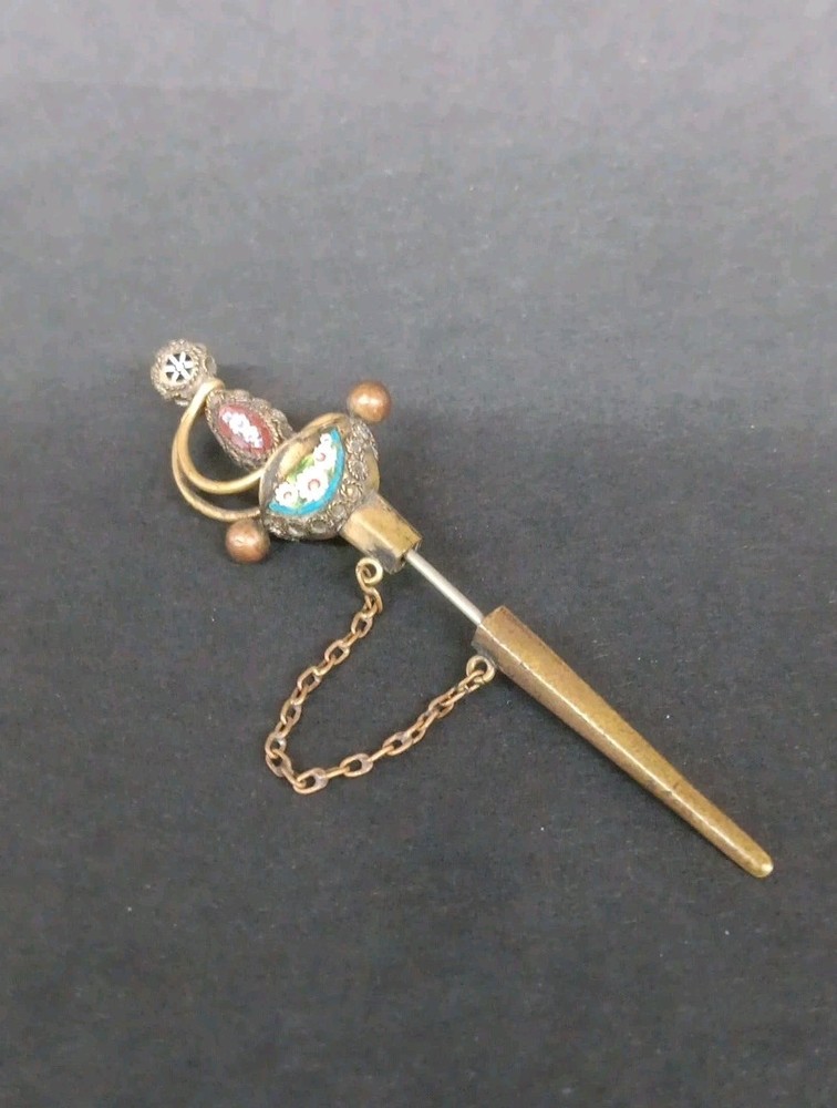 Antique 1800's Victorian Micro Mosaic Brass Sword Dagger Brooch Jabot Pin