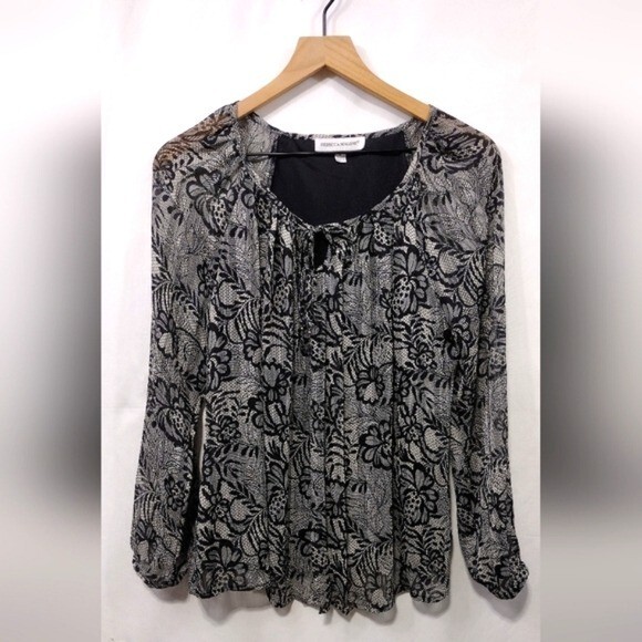 Rebecca Malone Floral Lace Lined Top Womens Black Cottagecore Peasant Retro Blouse