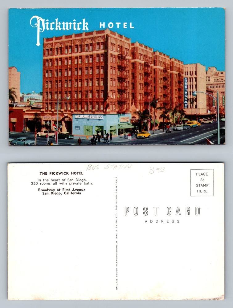 San Diego, CA-California, Pickwick Hotel Greyhound View Card Vintage Postcard