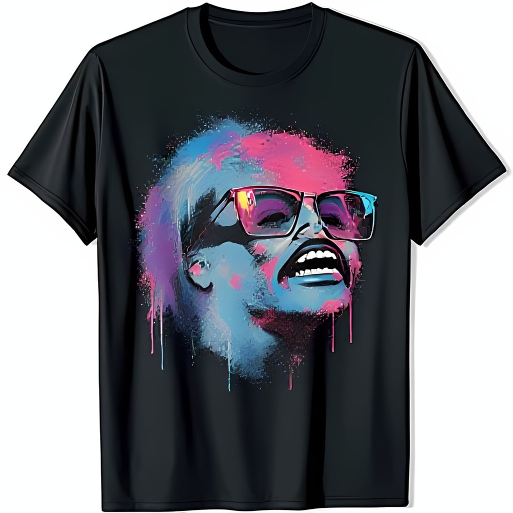 Bold Black T-Shirt with Abstract Colorful Woman s Face Graphic & Joyful Sunglass-image