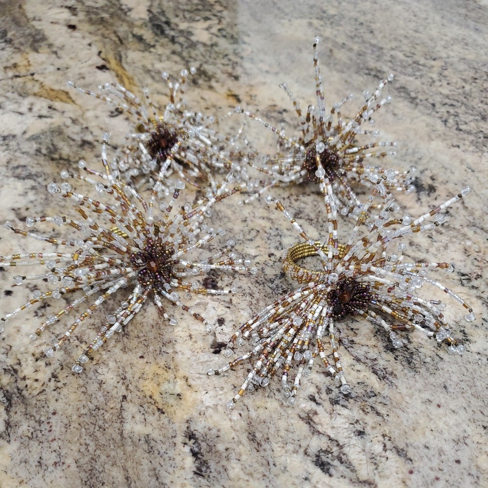 Pier 1 Seed Bead  Napkin Rings Spray Starburst Gold Copper Glam Set Of 4