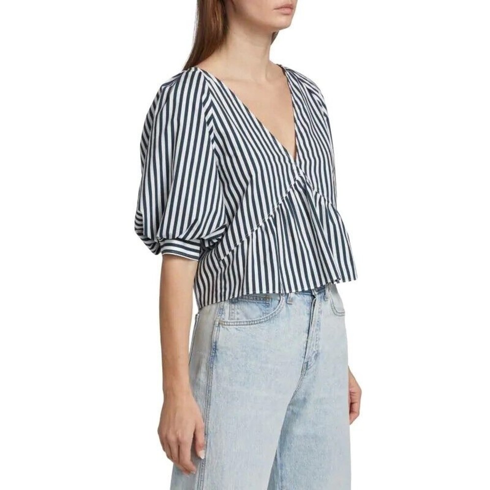 Frame Women Navy Striped Linen/Cotton Poplin Casual Puff Sleeve Blouse Size S