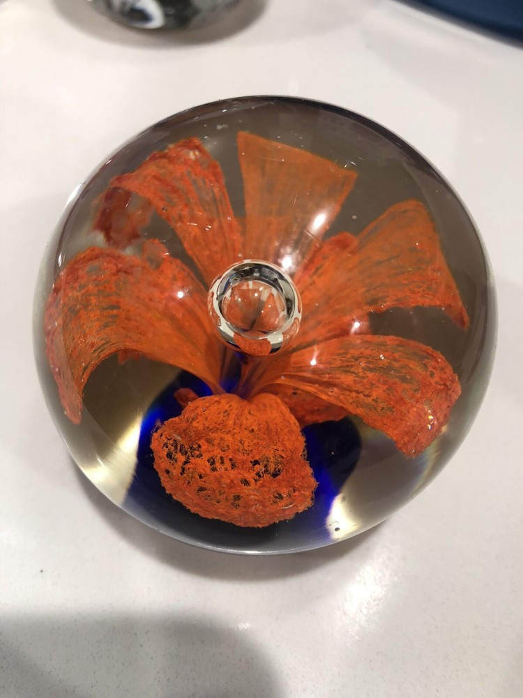 Orange flower abstract Glass Paperweight vintage hand blown art orange with blue-image