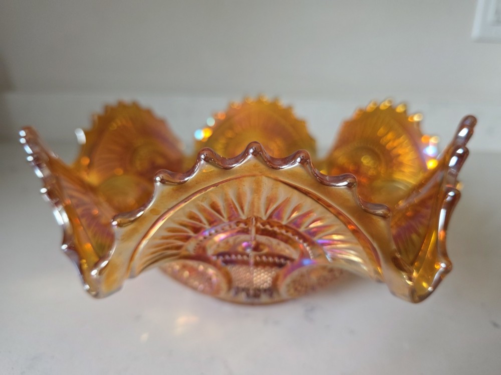 Vintage Imperial Hobstar & Arches Marigold Carnival Glass Ruffled Edge 9