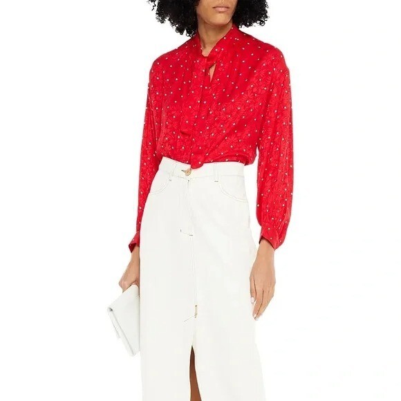 NWT Maje Blouse Red Floral Polka Dot Rouge Tie-Neck Long SZ 8 ✨✨❤️