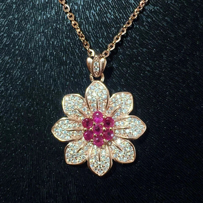2Ct Round Pink Sapphire Flower Pendant in 14K Yellow Gold with Free Chain
