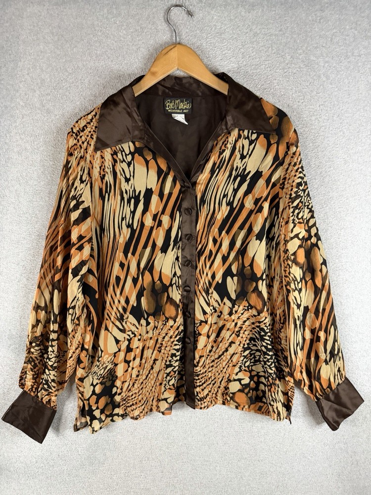 Bob Mackie Wearable Art Blouse Womens XL Silk Button Animal Print Abstract