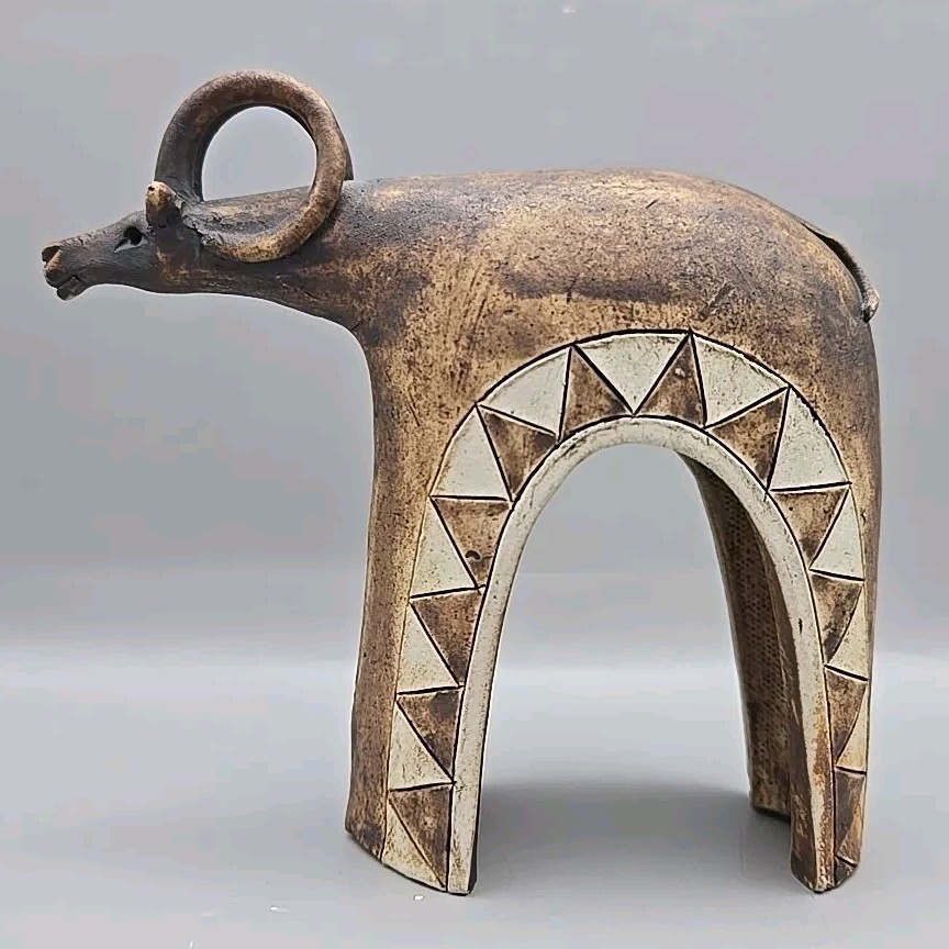 Handmade Antelope African Art Terracotta Clay Brown & White Curled Horns