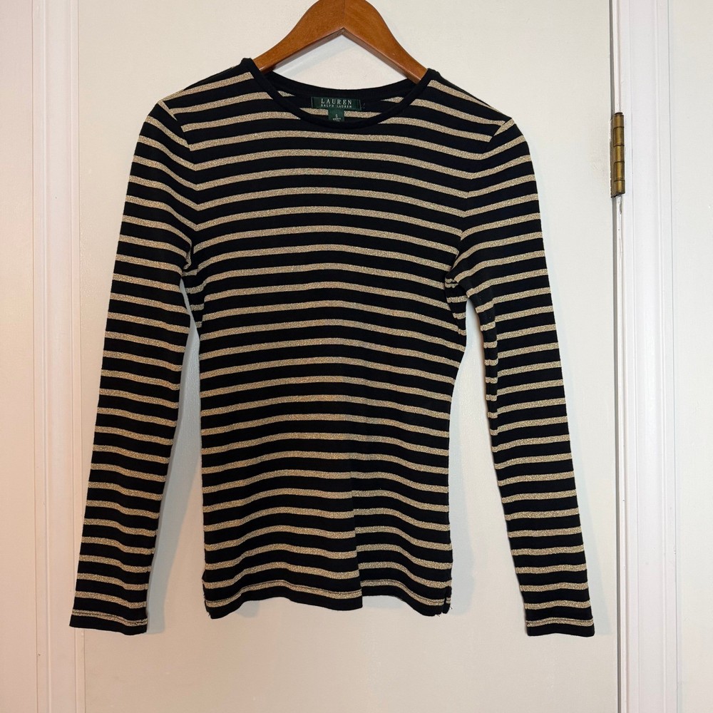 Lauren Ralph Lauren Black Gold Stripe Long Sleeve Top Women's Size S