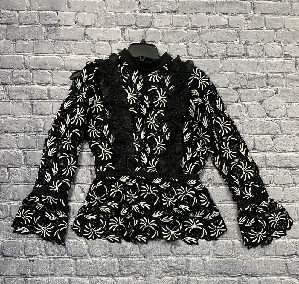 Self Portrait Floral Crochet/Lace Blouse Size 6 Black/White Ethereal Goth Boho