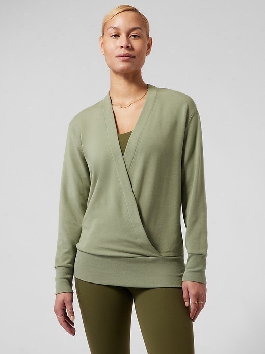 Athleta Purana V Neck Wrap Sweatshirt Eucalyptus Olive Green Size L