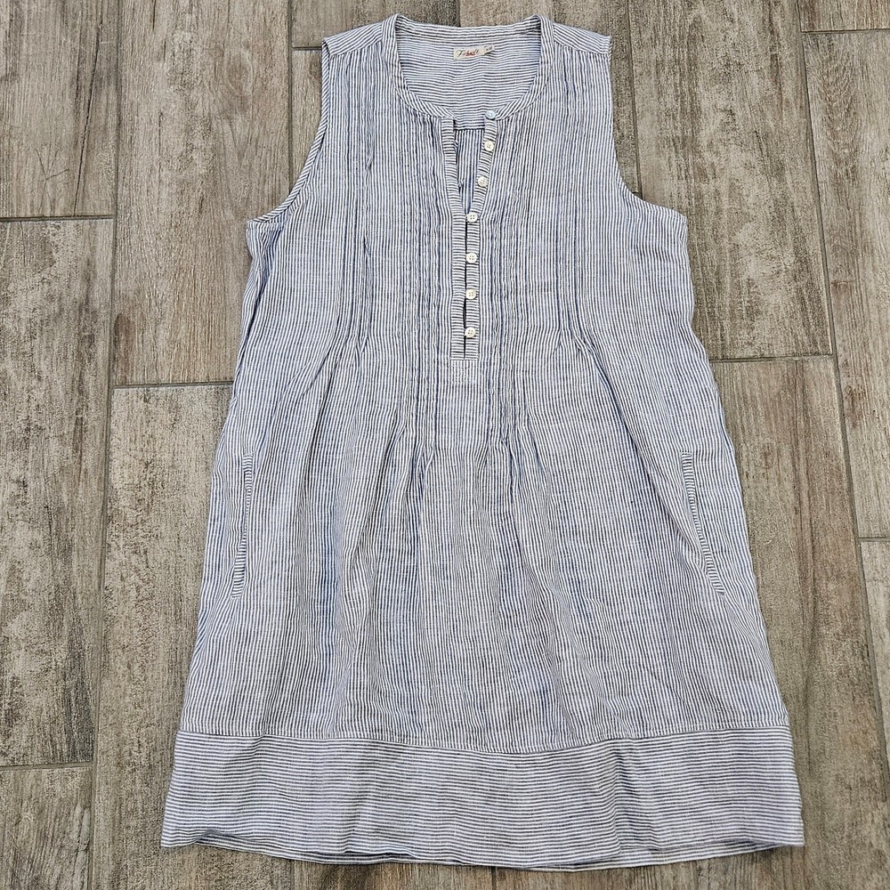 Faherty Isha Dress Womens M Blue Stripe Organic Cotton Sleeveless Summer Minimal