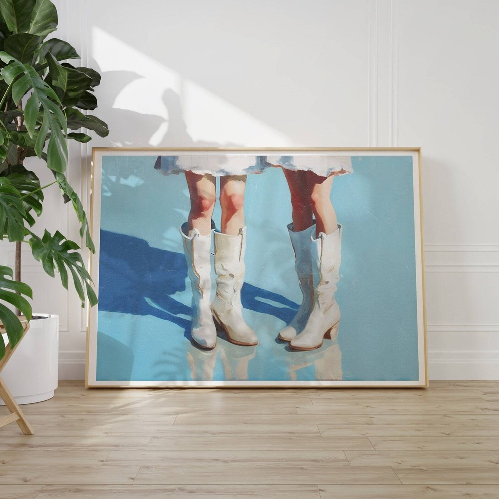 Preppy Blue Wall Art White Cowboy Boots Print Trendy Oil Painting Baby Blue And