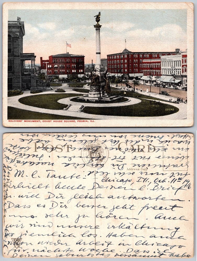 Soldiers Monument Court House Square Peoria IL Postcard