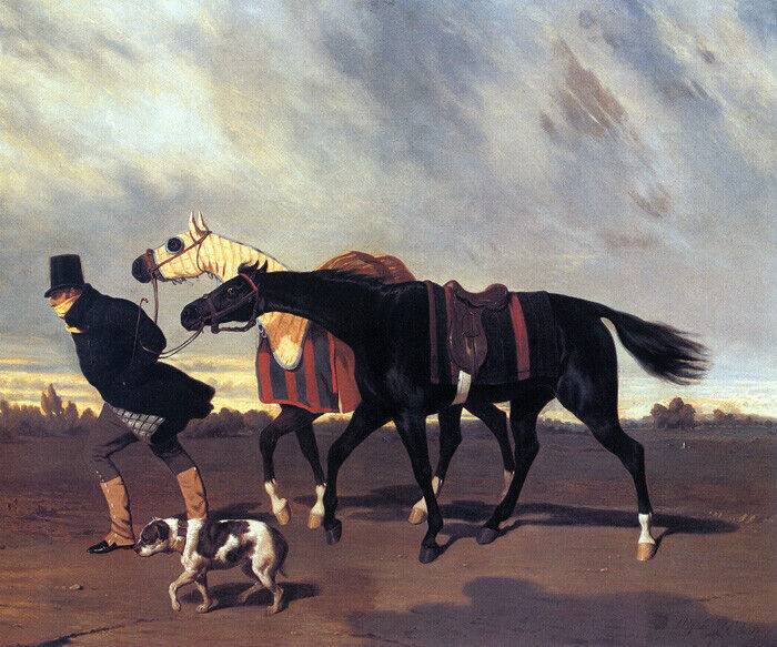 RETURN FROM THE RACE HORSES DOG WINDY DAY PAINTING BY ALFRED DE DREUX REPRO