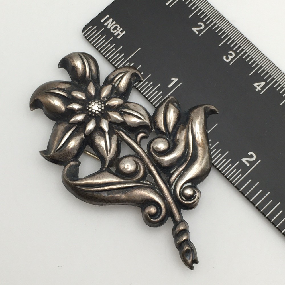 Vintage Sterling Silver Floral Flower Leaf Pin Brooch Marked Sterling 5.9g #74