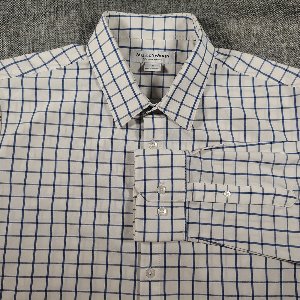 Mizzen + Main Performance Shirt Mens XL Trim Fit White/Blue Windowpane Stretch