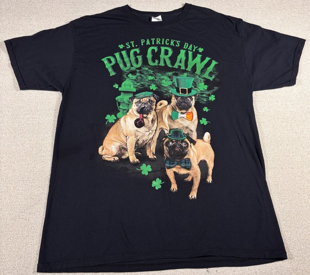 St. Patricks Day PUG CRAWL Novelty Large T-Shirt Black & Green Pugs Logo Casual