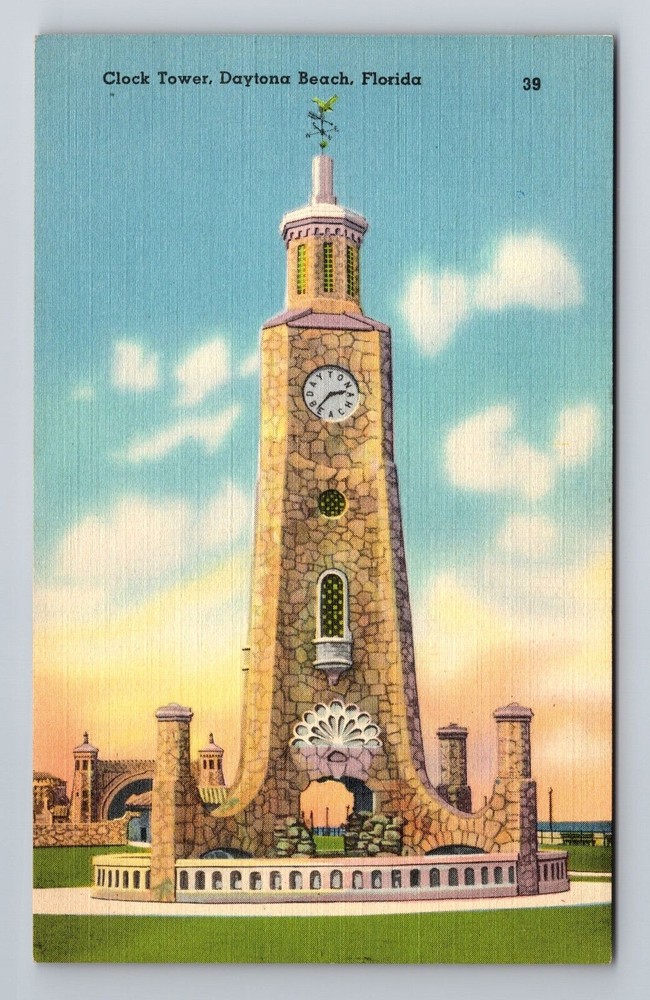 Daytona Beach FL-Florida, Clock Tower, Antique Vintage Souvenir Postcard