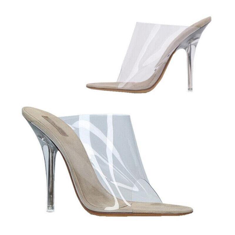 Women Clear High Heel Peep Toe Mule Sandals Slip On Pumps