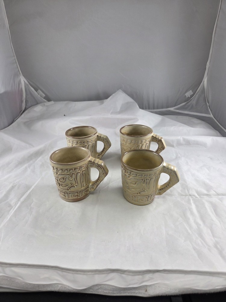 Set Of 4 Vintage Frankoma Pottery Mayan-Aztec Dessert Gold, Coffee Mugs
