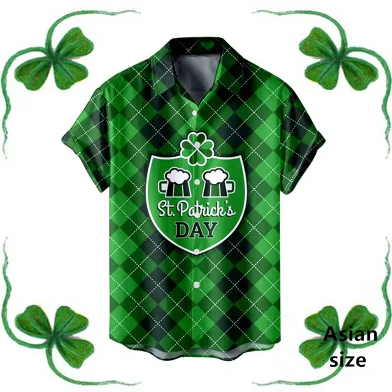 St Patricks Day Hawaiian Shirt Lucky Clover Stripe Green Holiday Button Up