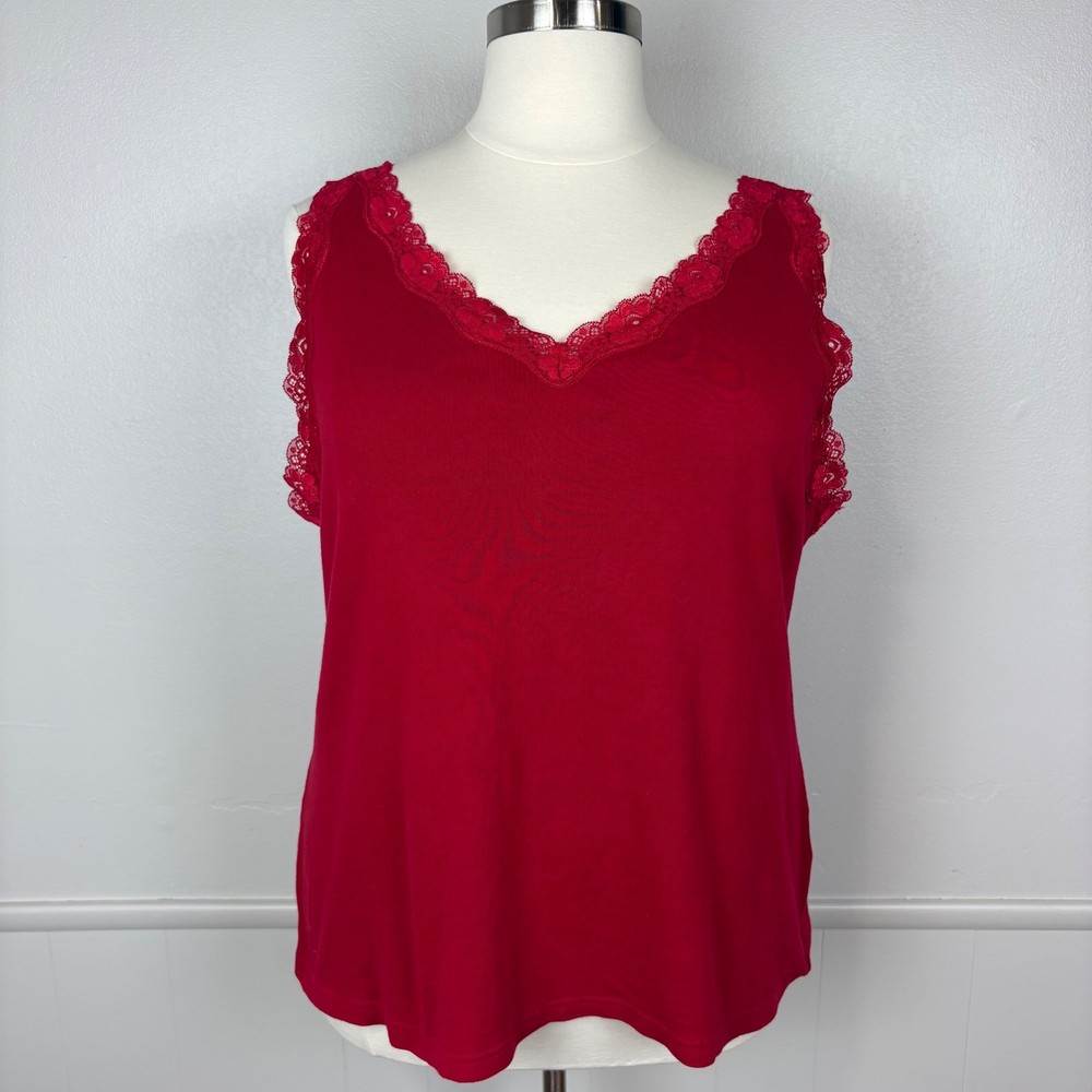 Karen Scott Lace Trim Tank Size 3X Red Cami Layer Feminine Holidays Romantic