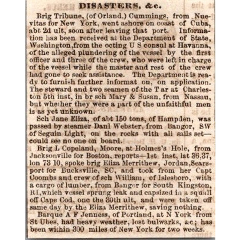Brig Tribune Cummings from Nuevitas New York 1855 Portland ME Clipping SAI4-M4