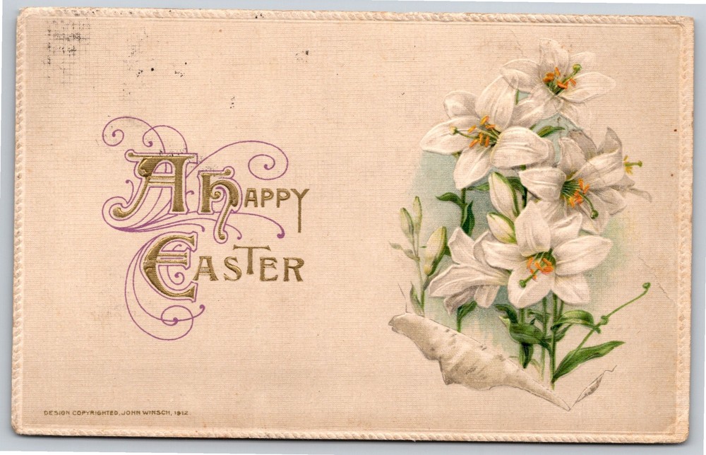 Winsch~A Happy Easter~Lily Flowers In Parchment~PM 1914~Emb~Vintage Postcard