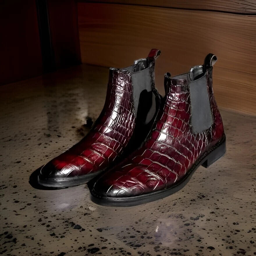 Handmade Mens Burgundy Crocodile Leather Chelsea Dress Boots