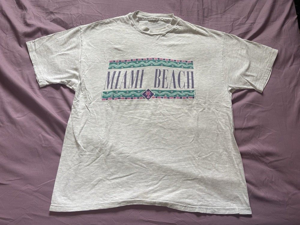 Vintage Miami Beach Shirt Mens Large Heather Gray Spell Out Surf Beach Palm Tree