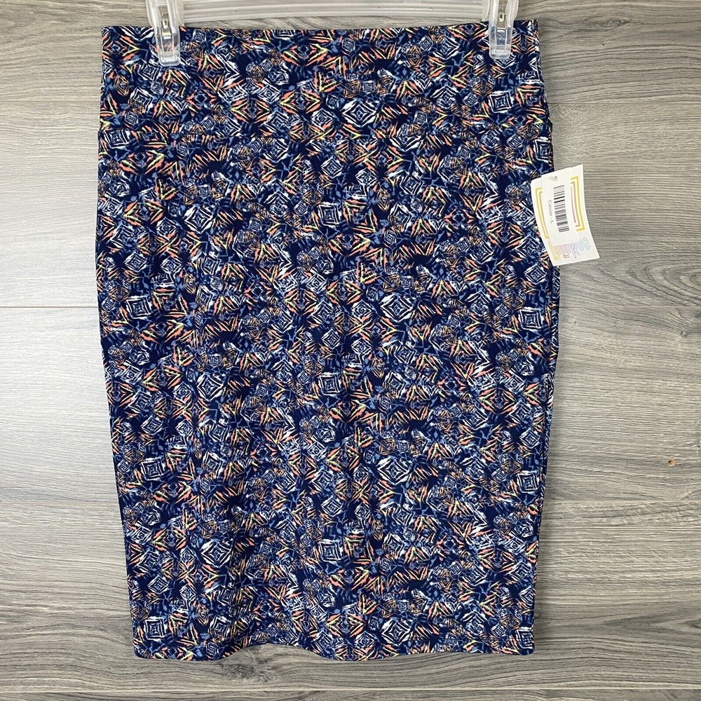 Lularoe Cassie Skirt New Womens Size Large Blue With Yellow Orange Lines