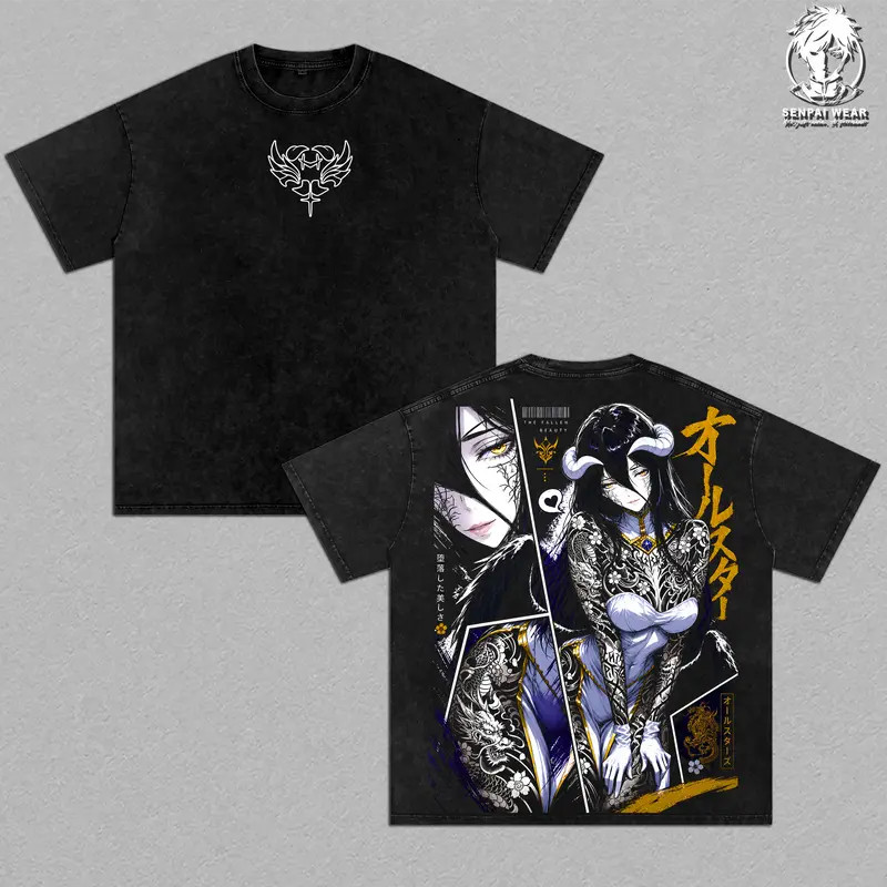 Overlord Albedo Vintage Graphic T-Shirt Dark Anime Cotton Oversized Tee Men