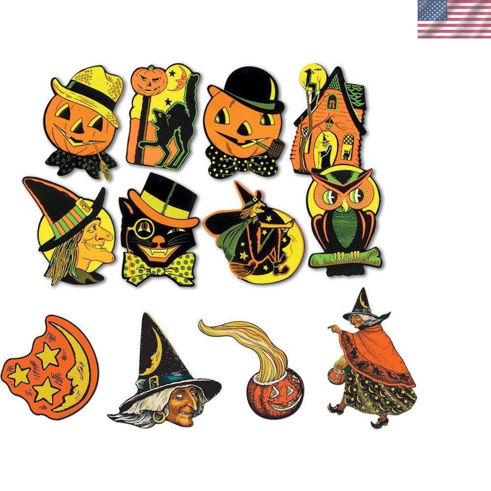 Vintage Retro Halloween Cutouts - 12 Unique Decorations of Cats, Witches & More
