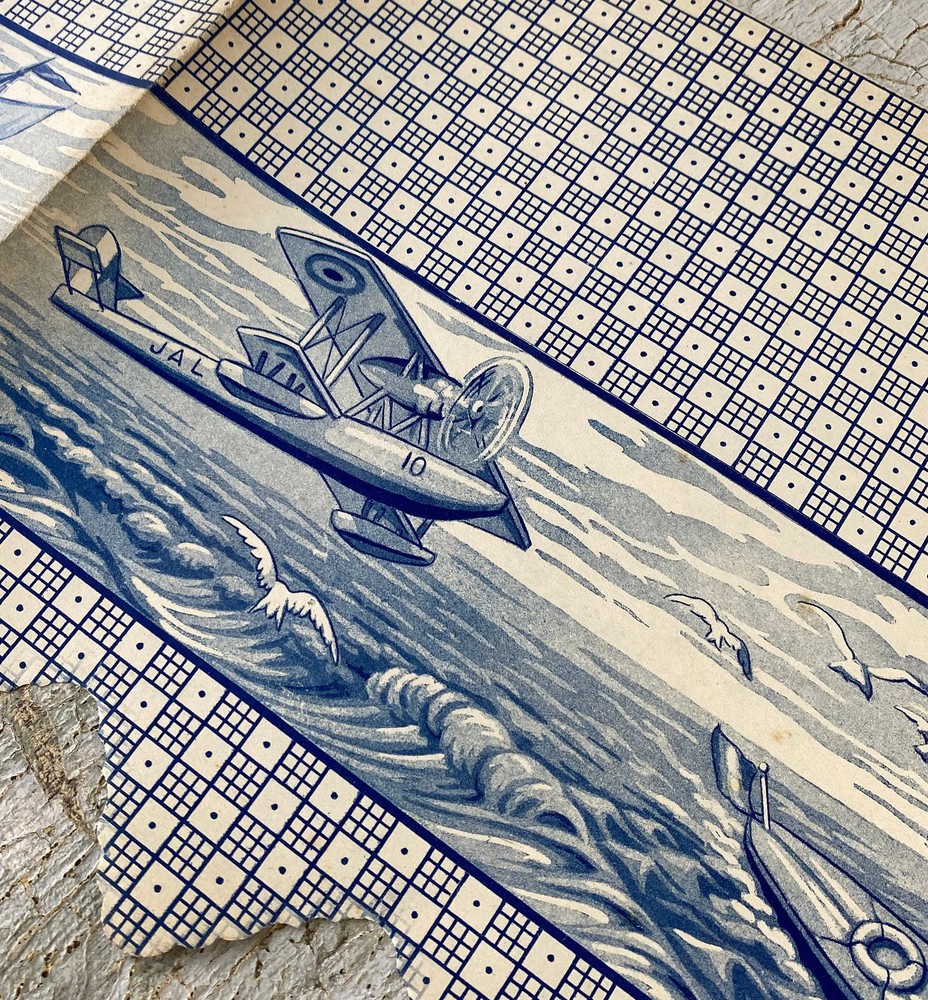 French Antique / Vintage wallpaper frieze Border paper blue boats Boy's room se