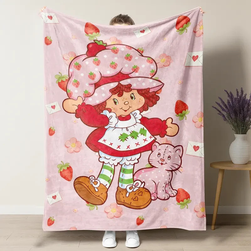 Retro Cute Strawberry Girl Cartoon Flannel Blanket Cozy Throw Gift