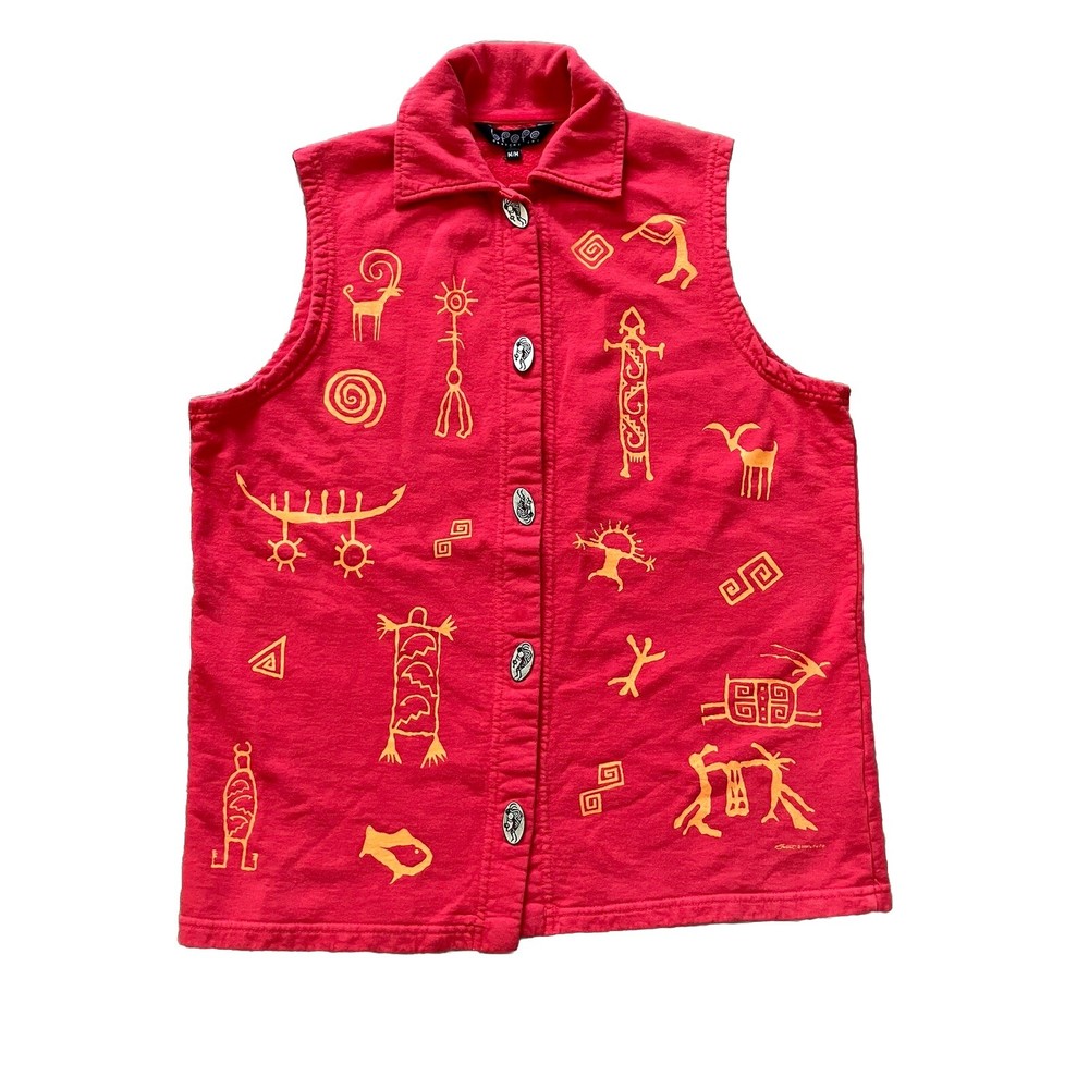 Bfofo Red Sleeveless Vest Top Button Front Pictograph Print Vtg Southwestern Med