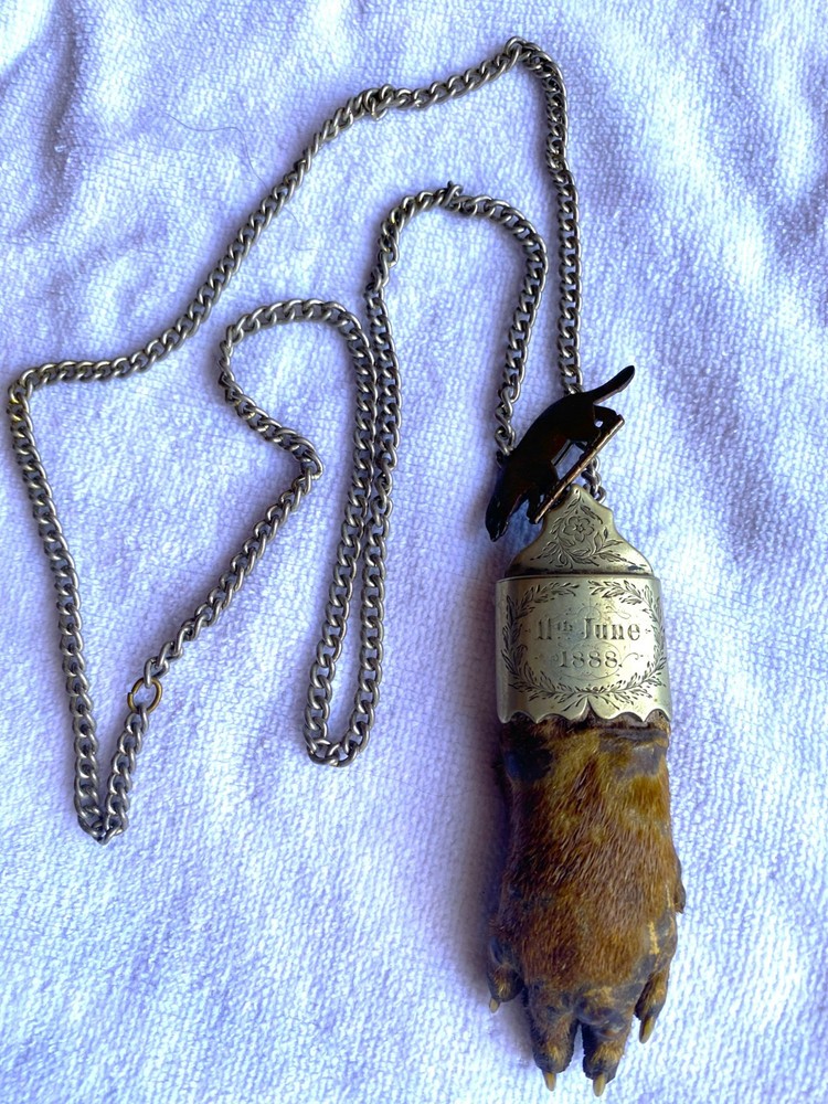 victorian amulet , badger paw , engraved necklace