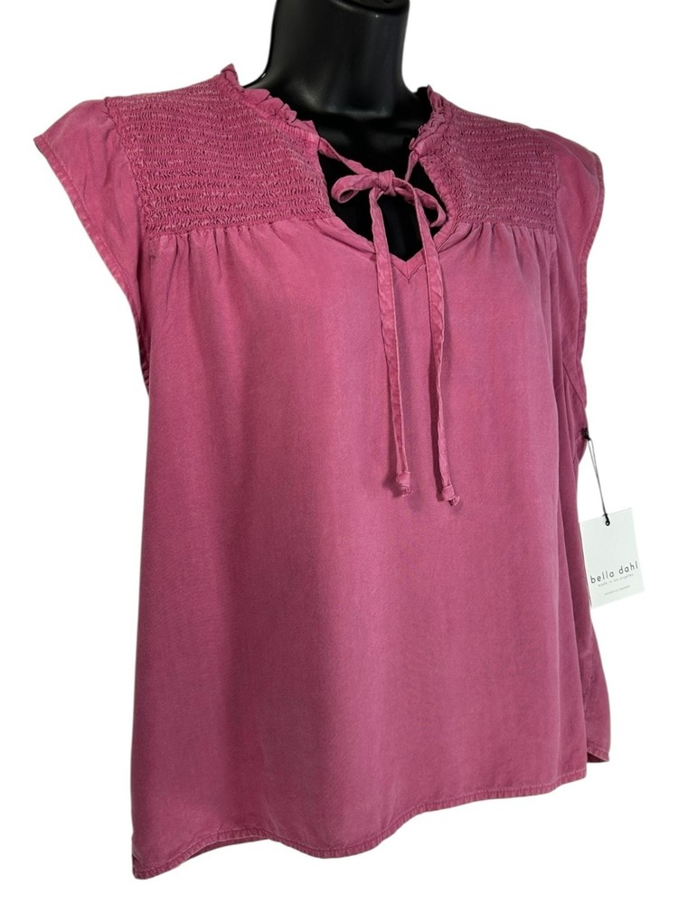BELLA DAHL Smock Ruffle Top Sz M Fuchsia Pink Flutter Sleeve VNeck Tie Tencel