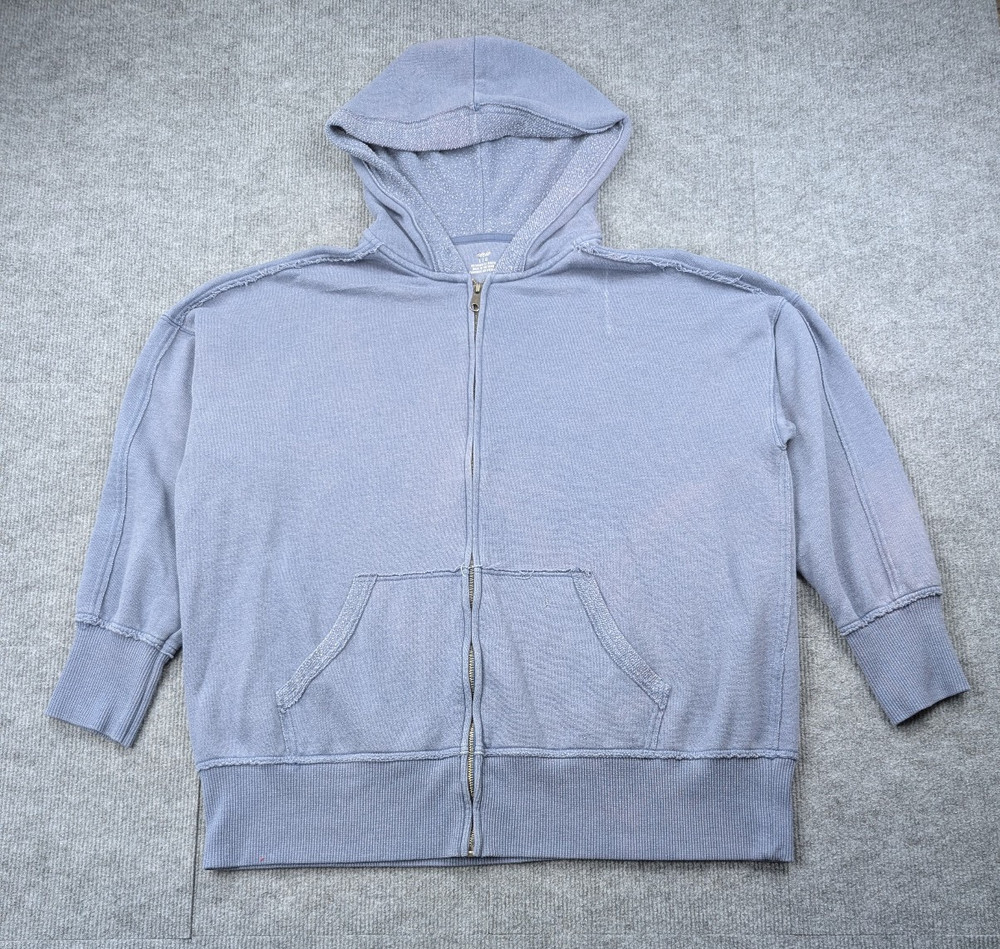 Aerie Oversized Hoodie Womens Large Full Zip Lightweight Terry Distressed Blue