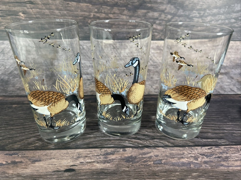 Vintage Libbey Canadian Geese Highball Glass Set of 3 12 Oz Triguba