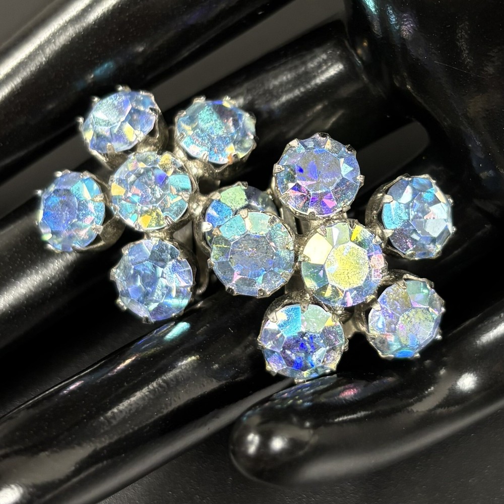 Vintage Blue Aurora Borealis Rhinestone Cluster Flower Clip-On Earrings