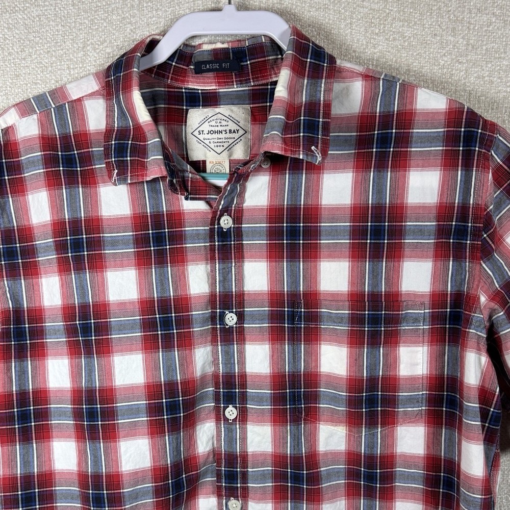St Johns Bay Plaid Shirt Mens L Red Blue Short Sleeve Button Front