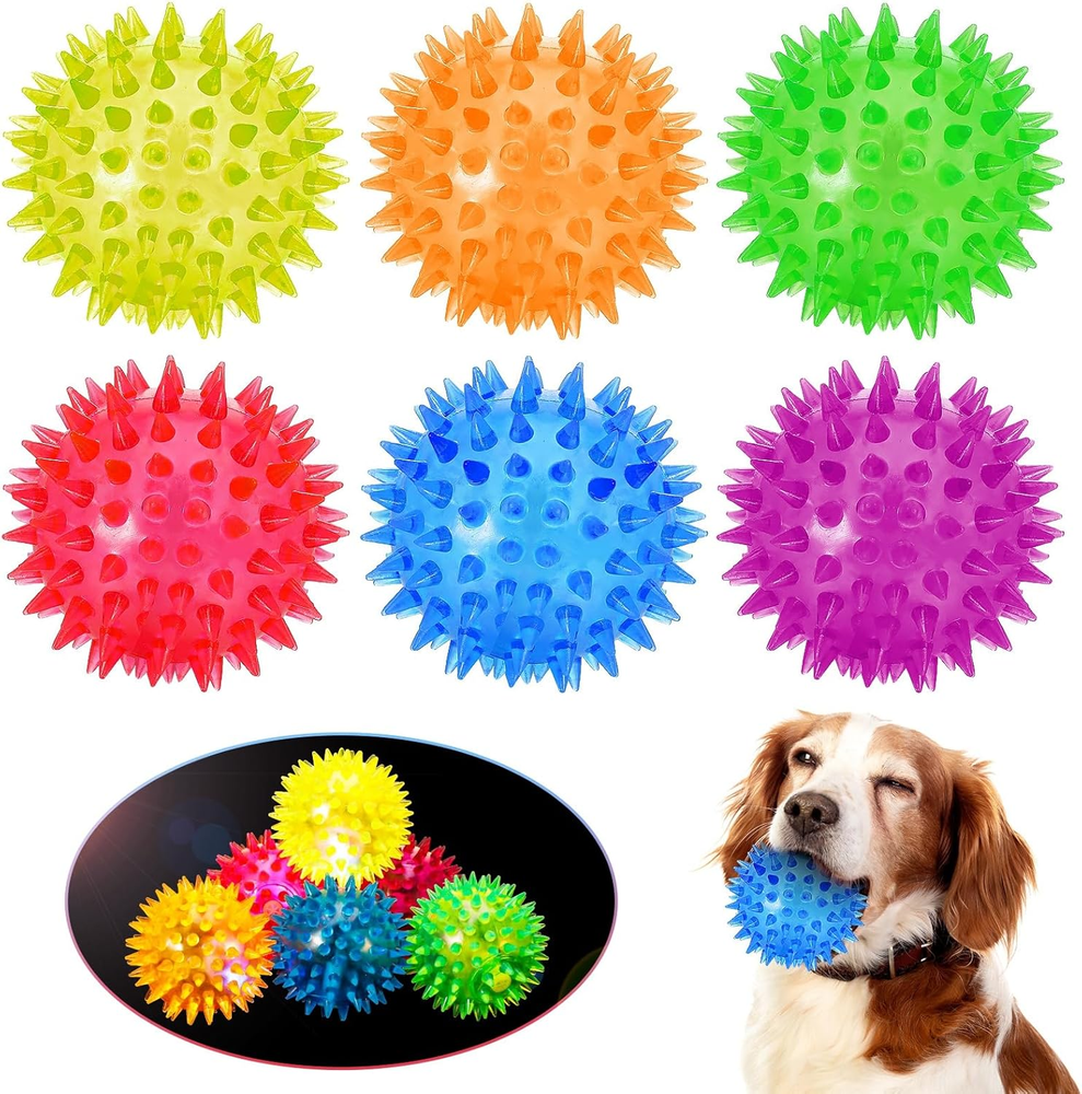 6 Pcs Light up Spiky Ball Dog Toy, Dog Chew Toys for Teething, Glow in the Dark