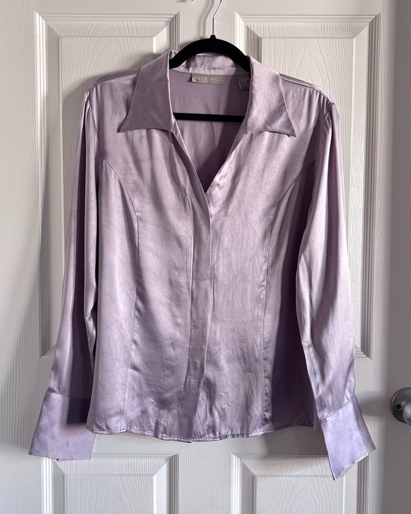 Kate Hill 100% Silk Button Down Shirt Lavender Purple Blouse Long Sleeve 12