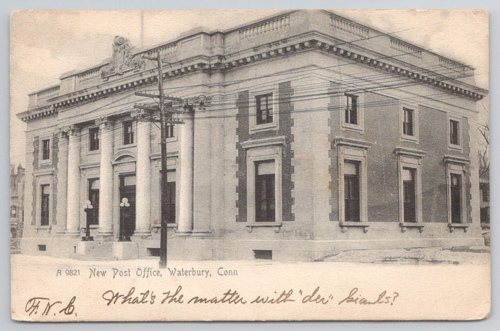 Waterbury CT New Post Office 1908 Postcard Rotograph Co. Rutland VT Postmark